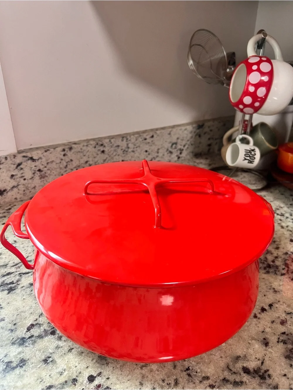 Dansk Red Enamel Covered Casserole with Cross-Top Lid